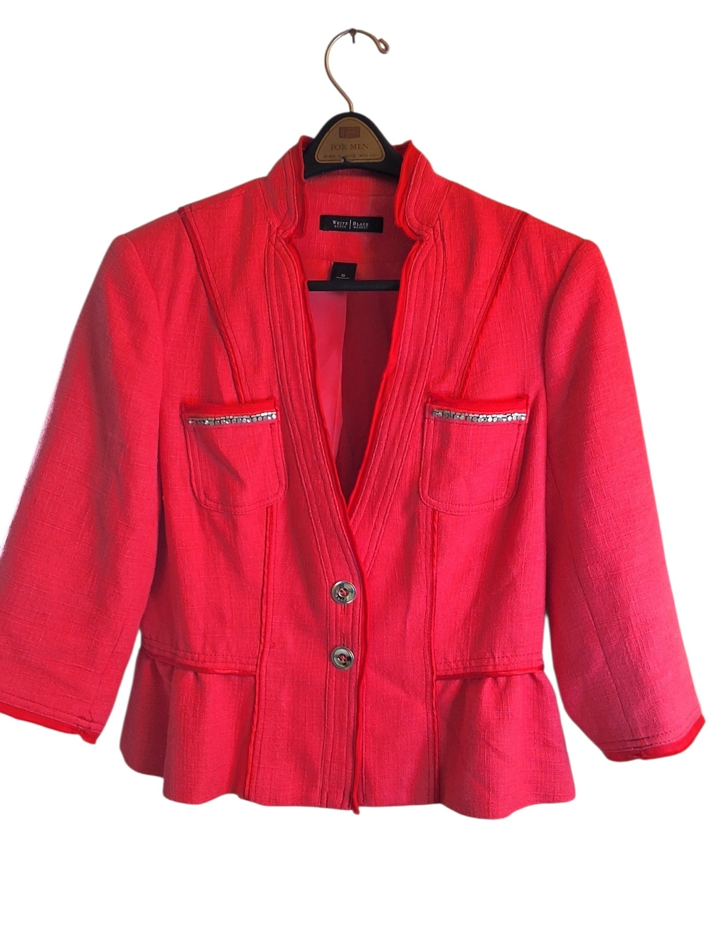 White House Black Market Coral Peplum Jacket with Rhinestone Trim Sz10
